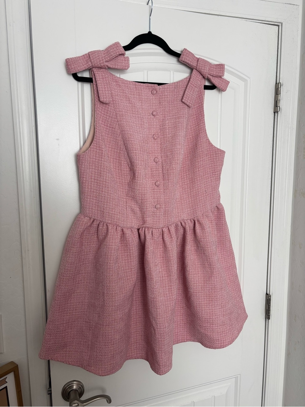 Cider Pink Tweed Mini Dress with Bow Shoulder Straps